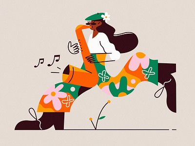 Sax Girl 🎷 2d bold drawing flower flowers funk girl hair happy illustration jazz legs melody music saxophone song spring style woman