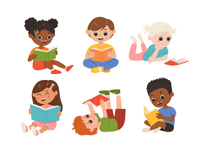 Kids reading books books cartoon character children concept design flat illustration kids reading set vector