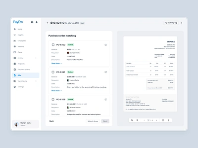 Purchase order matching bill desktop drawer finance fintech invoice management matching money netguru pairing popover purchase order tables ui ux