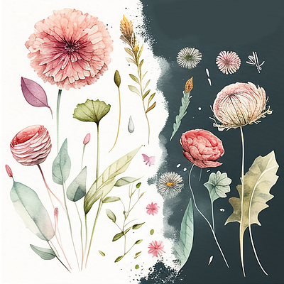 Dandelion and Rose Flower Spring Watercolor flora flower leaves spring watercolor