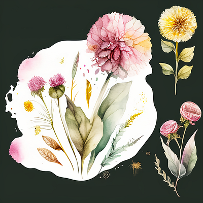 Dandelion and Rose Flower Spring Watercolor flora flower leaves spring watercolor