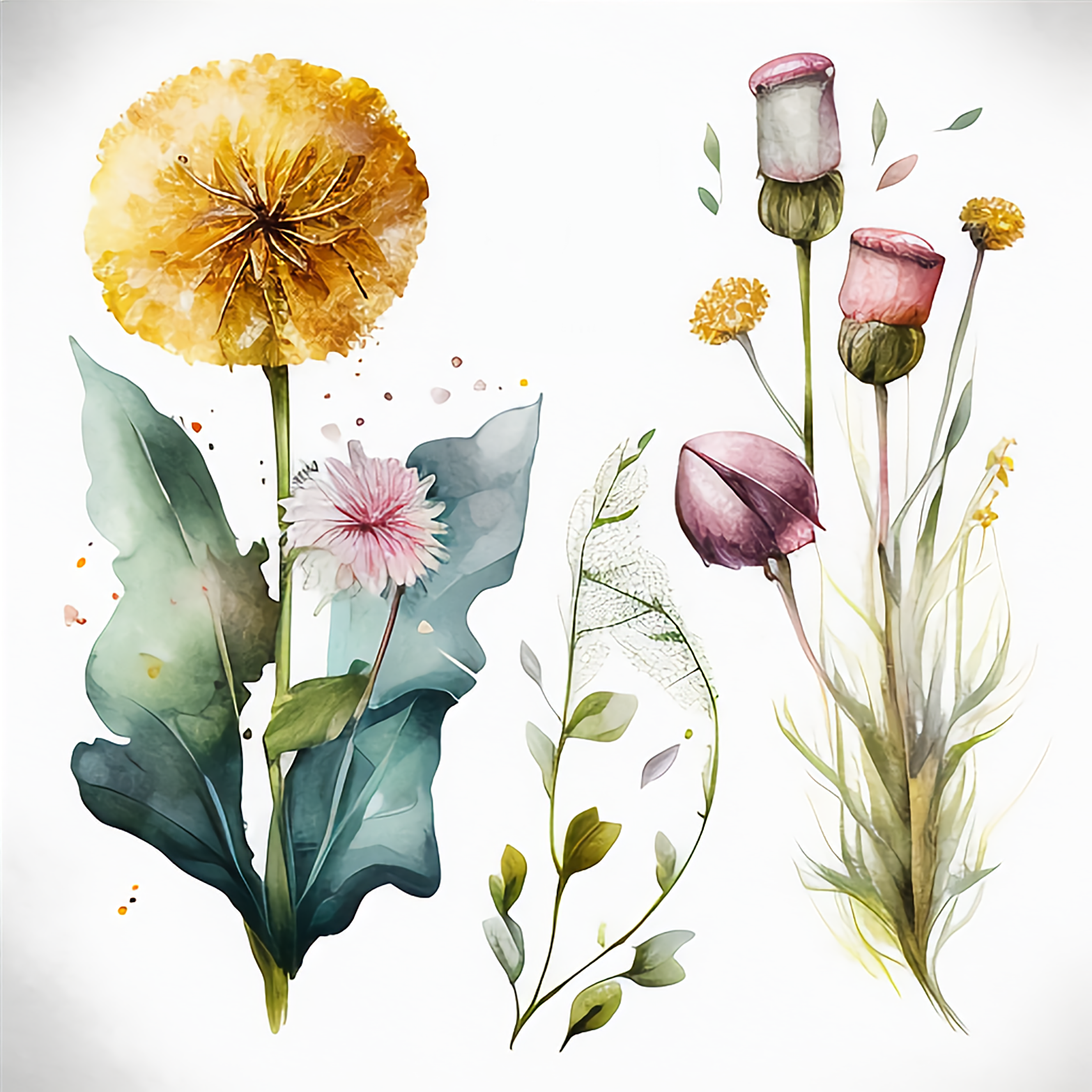 Dandelion and Rose Flower Spring Watercolor flora flower leaves spring watercolor