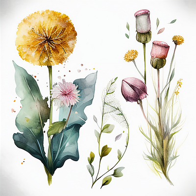 Dandelion and Rose Flower Spring Watercolor flora flower leaves spring watercolor