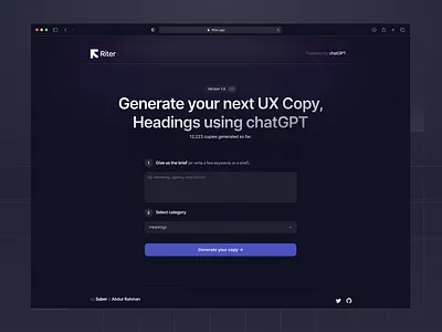 Riter.app - A.I. based UX copy generator ai ai writing aitool chatgpt riter riter.app saber saber ali ui ux ux copy web design web3