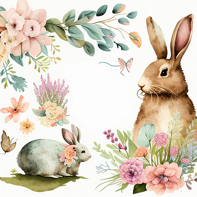 Happy Easter Bunnies Egg Floral Spring Watercolor bunnies easter rabbit spring watercolor