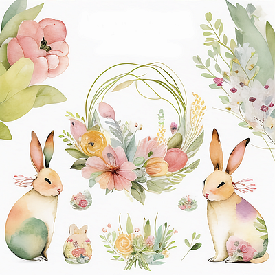 Happy Easter Bunnies Egg Floral Spring Watercolor bunnies easter rabbit sweet watercolor