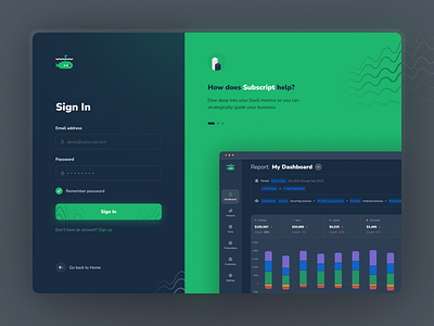 Dark Sign In Page app crm dark dashboard design finance form green illustration login logo registration sign in sign up subscription ui ux waves web white