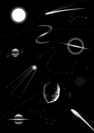 Vector set of space objects abstract asteroid comet constellations cosmic cosmos dark galaxy illustration meteor orbit planets satellite space stars vector
