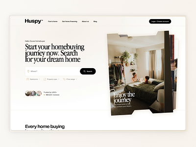 Huspy's home page - Start your homebuying journey beige cta design graphic hero home homebuying homepage landing page motion proptech sand ui visual web website