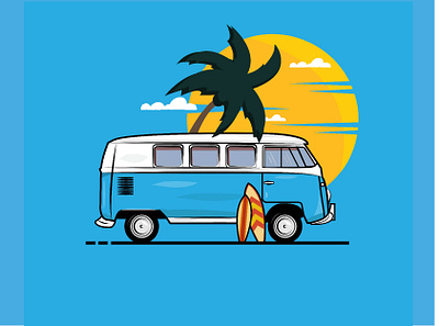 Beach vibes beach camper van design flat graphic design illustration illustrator art palm tree shading summer surfing vector vector design