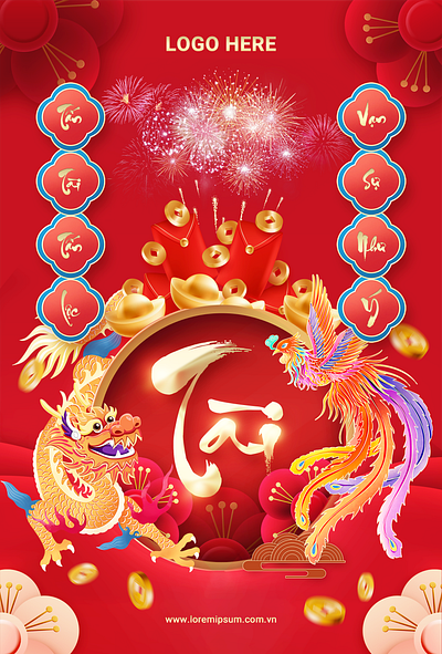 Vietnamese Lunar New Year Poster background blossom dragon flyer golden graphic design illustration lunar new year phoenix poster design red template tet holiday tradition vietnamese lunar year