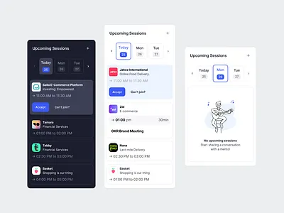 Upcoming Sessions Widget 🚀 app arab arabic call chat clean dark design expert meet meeting mentor sessions startup ui user interface ux widget