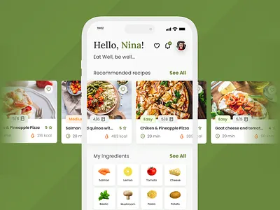 EatWell - Cooking app home screen app cooking cooking app design graphic design ingredients meal planner mobile design mobile screens presentation recipes app ui ui cards ux ux design uxui design
