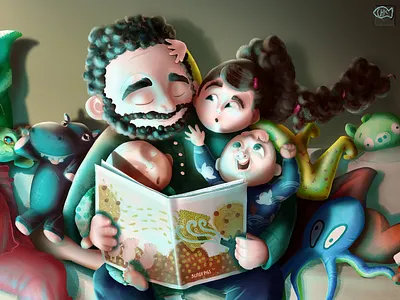 Night time, story time baby baby bottle book children father hippo illustration living room mother night octapus pig pregnant rabbid rabbit sleepy sofa todler tv wolf