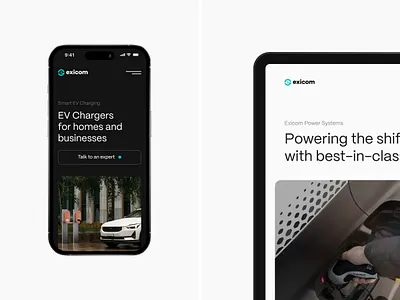 Exicom Website: Mobile business car charger charging corporate electric ev hero light minimal mobile mobility polestar professional responsive tesla ui ux webdesign webflow