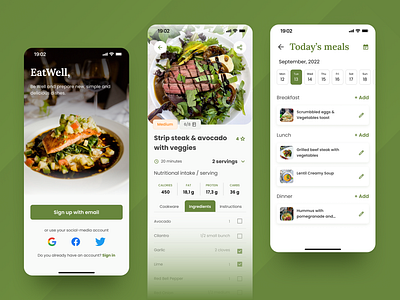 EatWell - Cooking app app cooking cooking app design graphic design meal planner mobile app mobile design presentation recipes app ui ux uxui design