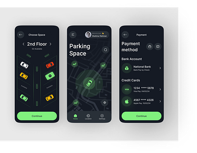 Parking Mobile app booking car app clean design dark mode driving figma find parking home page inspiration interaction location maps mobile app mobile apps design parking slot parking space popular design shahinurstk02 uiux design vehicle