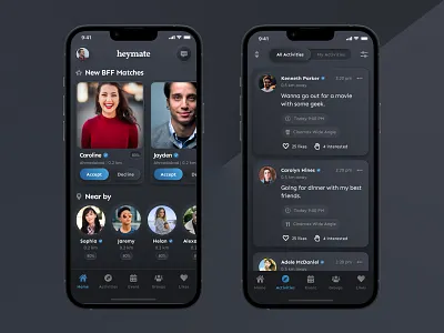 Social app concept in neumorphism style activities app bff concept dark design effect events group home ios listing mobile nearby neumorphic neumorphism people social theme ui