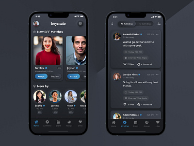 Social app concept in neumorphism style activities app bff concept dark design effect events group home ios listing mobile nearby neumorphic neumorphism people social theme ui