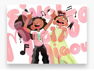 Meow Meow Song adidas cartoon cat character design fance friends girls green dress hair hands illustration loud meow music notes passion scrunchy sing sound women