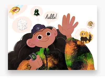 Character design: Lanio! beanie bubble character design cube dog ears food forest girl hand hello iluustration marble mushrooms nike pine tree puppy sanwhich souvlaki wave
