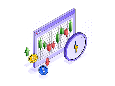 Instant Trades - Custom Illustration browser clock crypto crypto currency fast feature fintech gradient graphic design illustration isometric product illustration trading ui web illustration web3