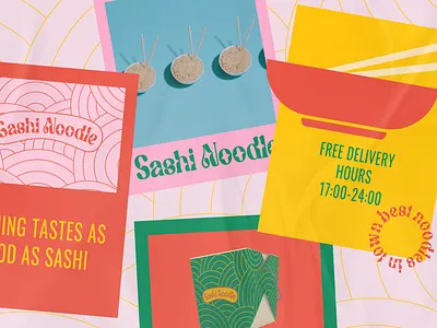 SASHI NOODLE - POSTER DESING brand branding design graphic design illustration logo noodle oldschool pink poster red typography vector yellow