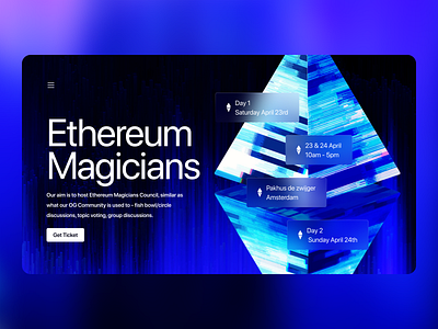 Ethereum Magicians - Event Landing Page 3d bitcoin blue clean ui dark ui ethereum glass glassmorphism interaction invest landing page money trending ui design ui ux website