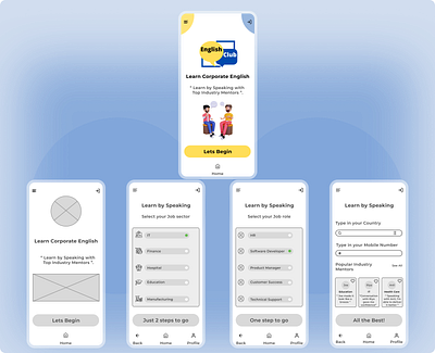 Learn Corporate English Prototype with Home Screen Design. appdesign edtech educationapp english e learning englishlearning languageapp learn corporate english learn user segment learningapp mobile application mobileui prototype ui uiux user behaviour user research userinterface ux