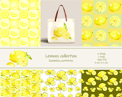 Lemons collection lemon pattern watercolor yellow