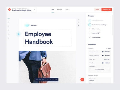 Zenefits — Employee Handbook Builder animation app builder clean cover design edit employee handbook handbook interface light marketing minimal modern pdf product simple ui upload ux