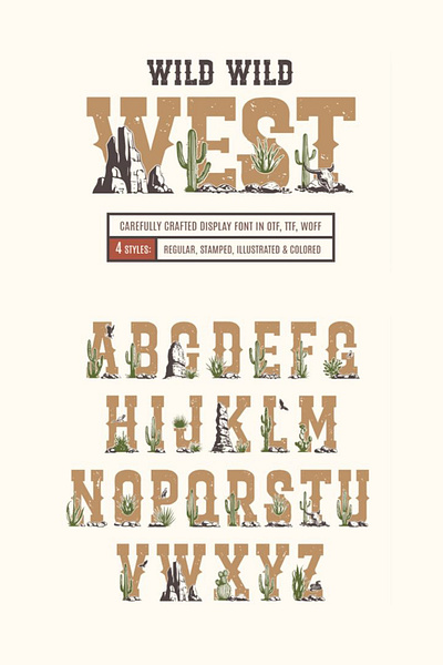Wild Wild West. Color Font (4 styles) adventure color font design font grunge logo vintage vintage style western