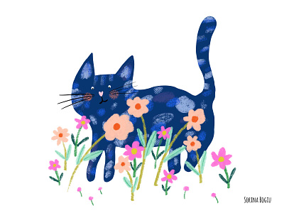 Spring in the park bloom blue cat cat illustration cute design flowers illustration illustrator kids illustration pattern photoshop pink spring