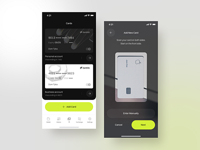 Cards & Add New Card - Bankito ' banking mobile app add addnewcard app application bank banking camera cards concept dark design finance fintech ios mobile mobile app modern ui ui design ux