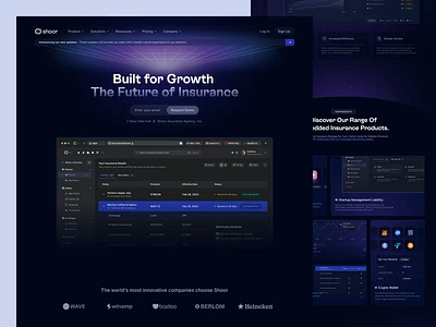 Shoor - Insurance Tech Landing Page 🔰 analytics animation chart claims coverage darkmode design finance fintech health insurance insurance technology insurtech landing page money policies saas ui ux website