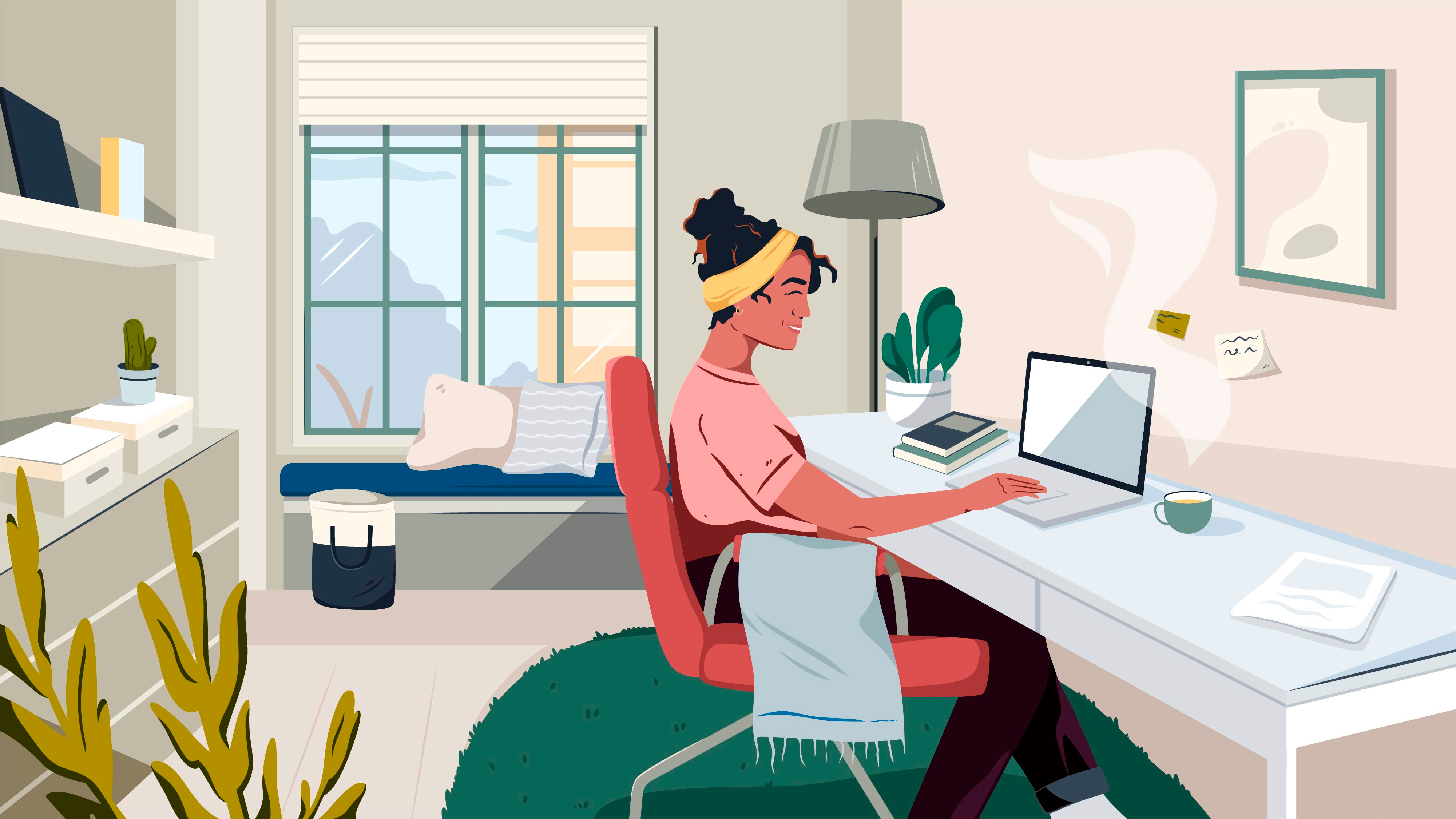 Hero image design banner character comfort computer cozy decor design header hero hero image home interior remote room woman work