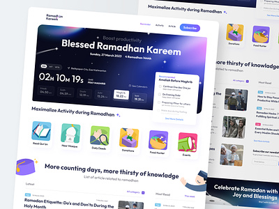 Ramadhan Kareem - Information Website of Ramadhan article design flat hero illustration islam layout menu ramadhan reminder schedule section ui ui web uiux uix user interface ux web design website