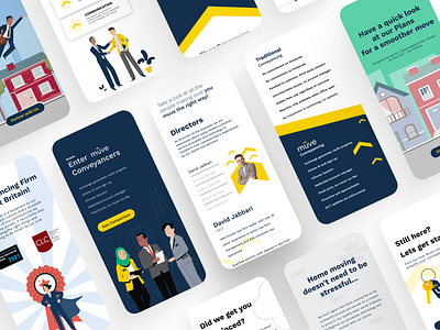 Muve UK mobile responsive UX design blue branding clean conveyancing design illustration landing page mobile responsive ui vectors web page white whitespace yellow