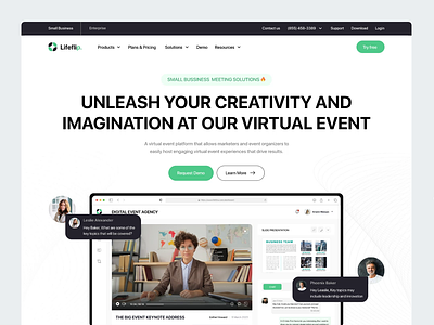 Lifeflip - Virtual Event Hero Section chat conference digital event hero section landing page meeting message online meeting participant polling product saas slide speaker video call video conference video streaming virtual event webinar website