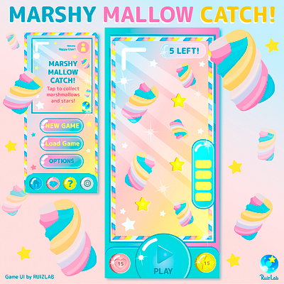 "Marshy Mallow Catch!" UI - 7 WEEKS UI CHALLENGE ✨ anime app art cute design graphic illustration illustrator interface kawaii marshmallows pastels product design ui uidesigner ux vector