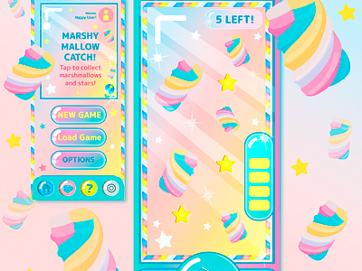 "Marshy Mallow Catch!" UI - 7 WEEKS UI CHALLENGE ✨ anime app art cute design graphic illustration illustrator interface kawaii marshmallows pastels product design ui uidesigner ux vector