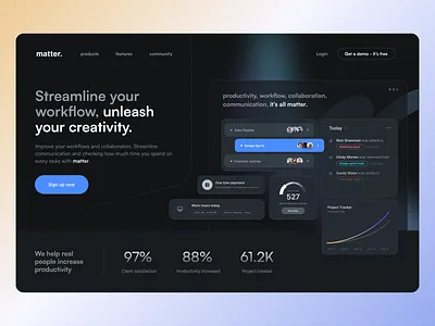 Matter - Productivity SaaS Website chart cloud collaboration communication cta dark dashboard graph hero homepage popular productivity project management saas software task time tracking tools ui widget