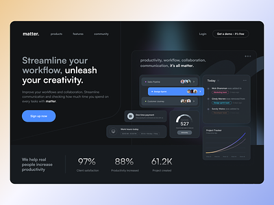 Matter - Productivity SaaS Website chart cloud collaboration communication cta dark dashboard graph hero homepage popular productivity project management saas software task time tracking tools ui widget