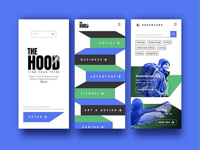 The Hood - A platform to pursue your interests app blue branding contrast design geometric graphic design green hobbies illustration logo mobile social sports typography ui uidesign ux visualdesign