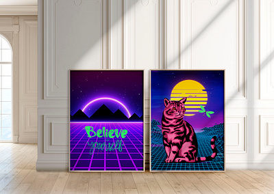 Vaporwave Posters art prints cats cool design digital future futuristic galaxy illustration pink poster prints purple retro space teen trendy vapor vaporwave wall art