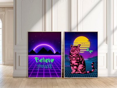 Vaporwave Posters art prints cats cool design digital future futuristic galaxy illustration pink poster prints purple retro space teen trendy vapor vaporwave wall art