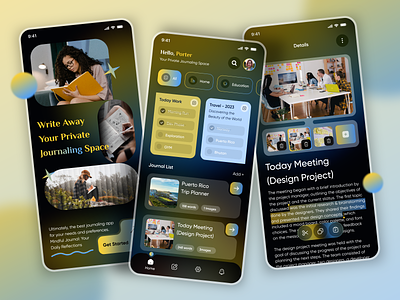 Amazing Journaling Apps Design android app app app design branding daily illustration interface journal journal app journalling minimal mobile notebook task list ui uiux ux write writing