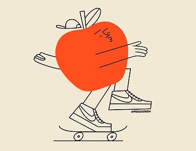 An Ollie-a-day keeps the doctor away apple childrens book editorial illustration fruit illustration legs skate skateboard vector