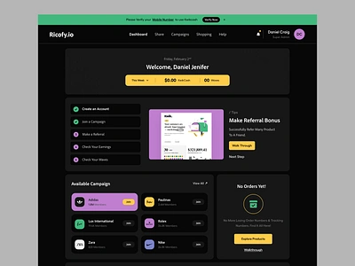 Welcome Screen analytics bonus card ui dark theme dashboard graph landing page mobile ui my order onboarding product design profile referral typography ui ui ux user experience ux website welcome screen