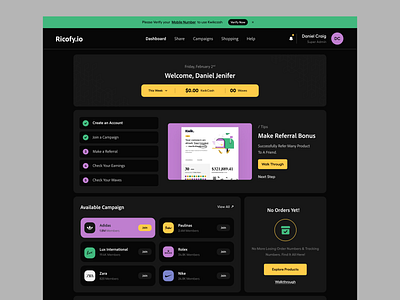 Welcome Screen analytics bonus card ui dark theme dashboard graph landing page mobile ui my order onboarding product design profile referral typography ui ui ux user experience ux website welcome screen
